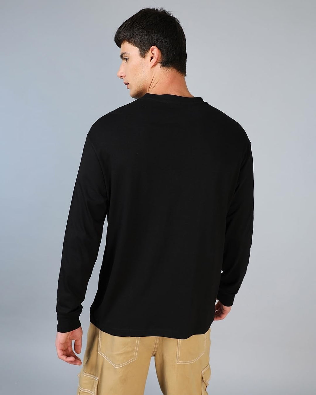 Bewakoof Mens Solid Black Round Neck Full Sleeve Oversized T-Shirt