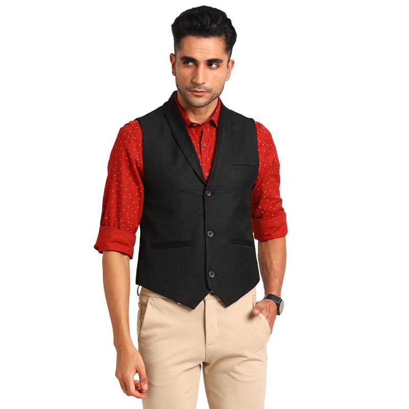 Turtle Men Poly-viscose Black Self Design Slim Fit Casual Waistcoat