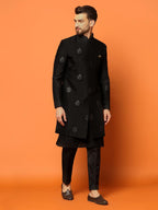 Kisah MenS Indo-Western Kurta Sherwani Trousers Set Cotton Silk Full Sleaves, Knee Length, Straight, Regular Fit, Mandarin Coll