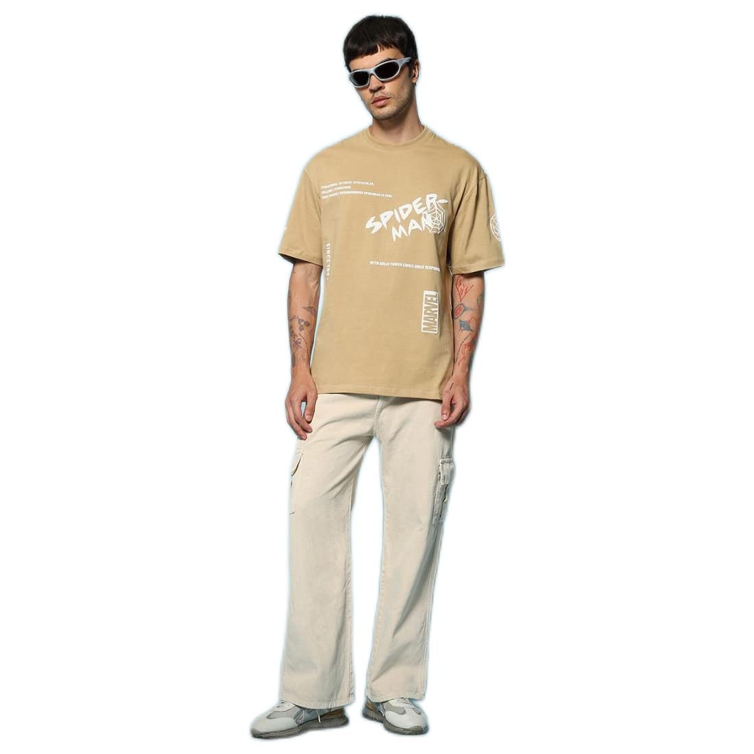 Bewakoof Mens Amazing Spiderman Graphic Print Cotton T-Shirt- Oversized Fit, Round Neck, Half Sleeves 580087_Brown_M