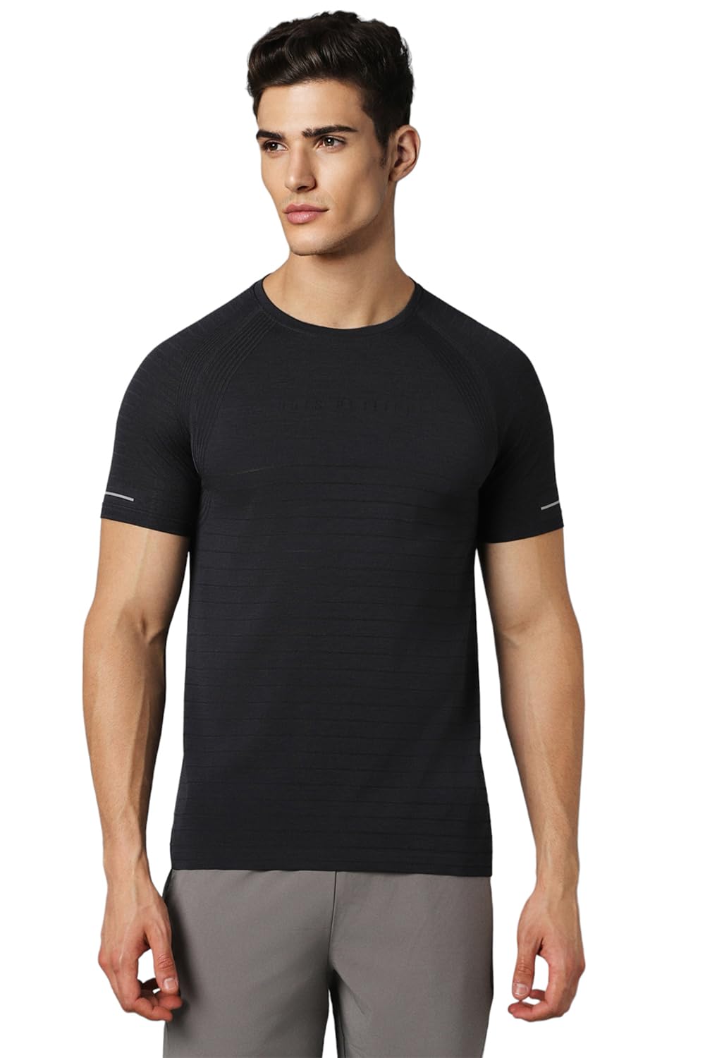 Louis Philippe Men Black Stripe Crew Neck T-Shirt