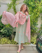 ANNI DESIGNER Womens Rayon Blend Embroidered Straight Kurta with Pant & Dupatta (Baad Green_M_Green_Medium)