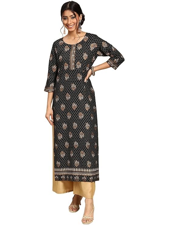 Libas Women'S Viscose Rayon Floral Straight Kurta (G2484_Black_S)