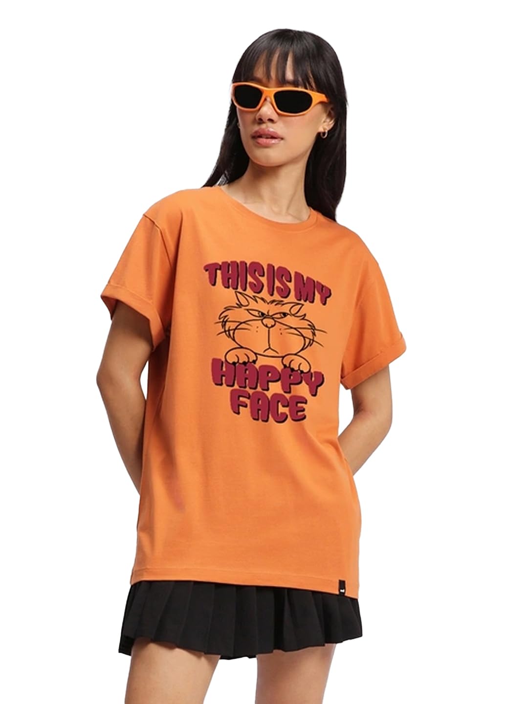 Bewakoof The Aristocats Women Graphic Print Boyfriend Fit Half Sleeve Round Neck Cotton Jersey T-Shirt_659686_Orange_2XL