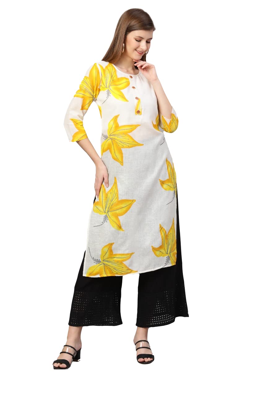 Gosriki Women'S Cotton Printed Straight Kurti (Alisha White & Yellow_M-Go_White & Yellow_Medium)