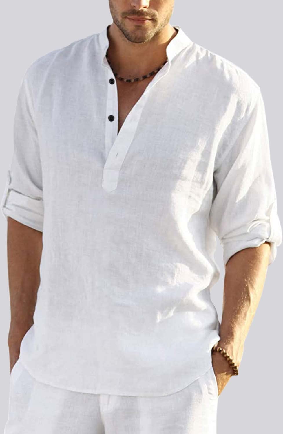 Hemrin MenS Cotton Blend Full Sleeve Short Kurta Shirt With Mandarin Collar White
