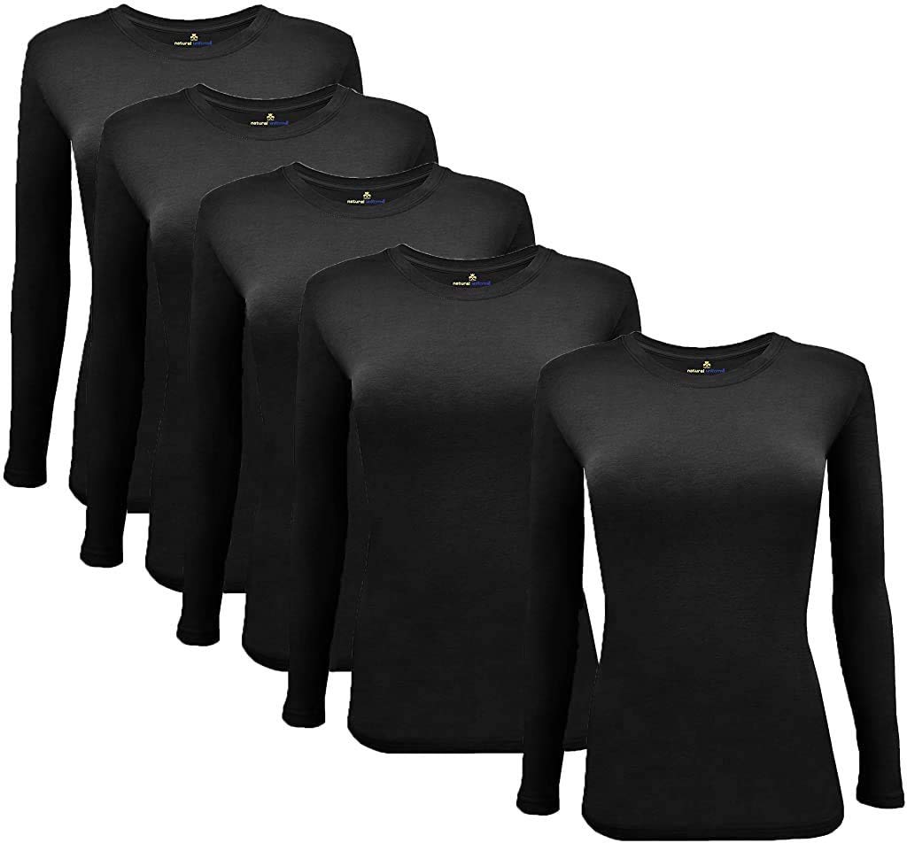 Natural Uniforms Women's Under Scrub Tee Crew Neck Long Sleeve T-Shirt-5-Pack (Small, 5 Pack- Black)