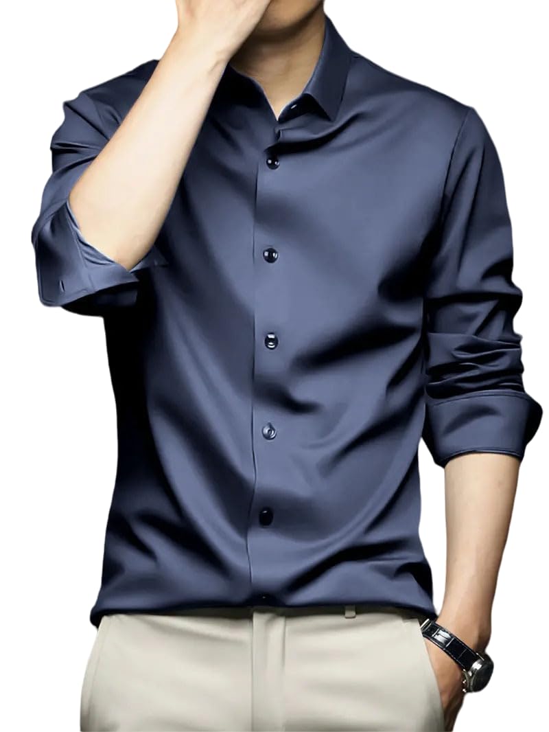 IndoPrimo Mens Stylish Solid Satin Casual Shirt for Men Full Sleeve (in, Alpha, XL, Regular, Navy)