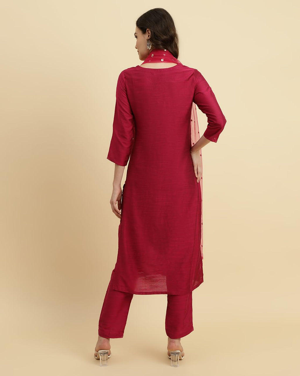 Varanga Magenta Embroidered Kurta Paired With Straight Trouser And Digital Floral Printed Dupatta