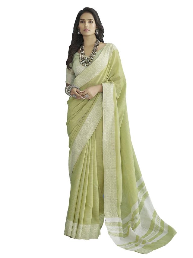 Satrani Womens Cotton Self Woven Saree with Unstitched Blouse Piece (3095S735N_Pista Green & White)