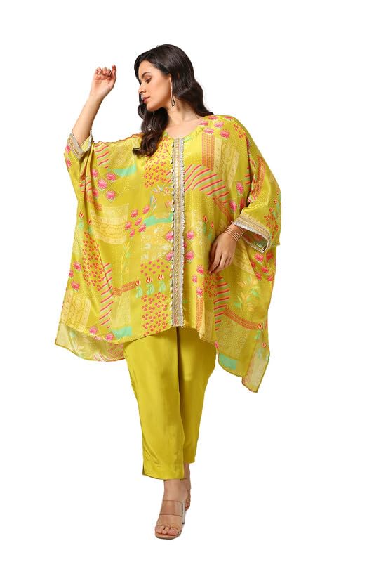 Soch Womens Light Green Viscose Crepe Floral Print Kaftan Suit With Gotta Patti