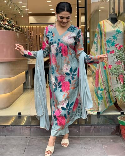 ANNI DESIGNER Womens Cotton Blend Straight Printed Kurta with Pant & Dupatta (AD312 Green_L_Green_Large)