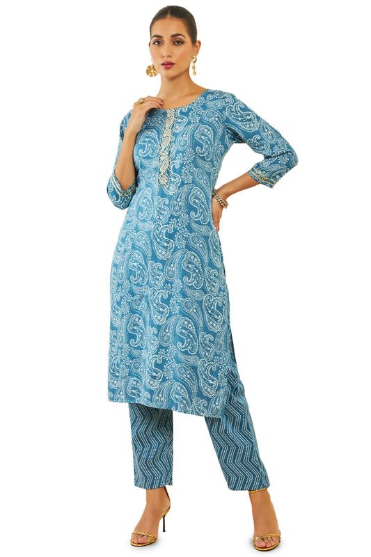 Soch Women Rayon Paisley Print Round-Neck Straight Kurta Set
