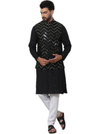 SOJANYA (Since 1958 Mens Cotton Silk Black Kurta and White Pyjama With Sequins Black Nehru Jacket