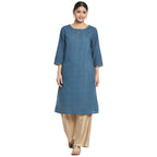 Fabindia Women Cotton Printed Knee Length Kurta Blue_M