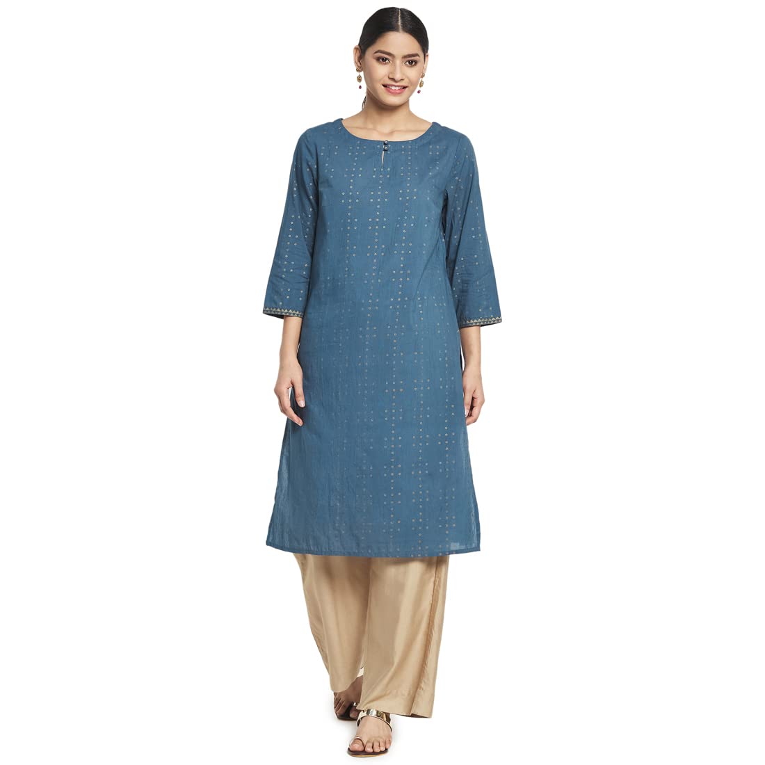Fabindia Women Cotton Printed Knee Length Kurta Blue_M