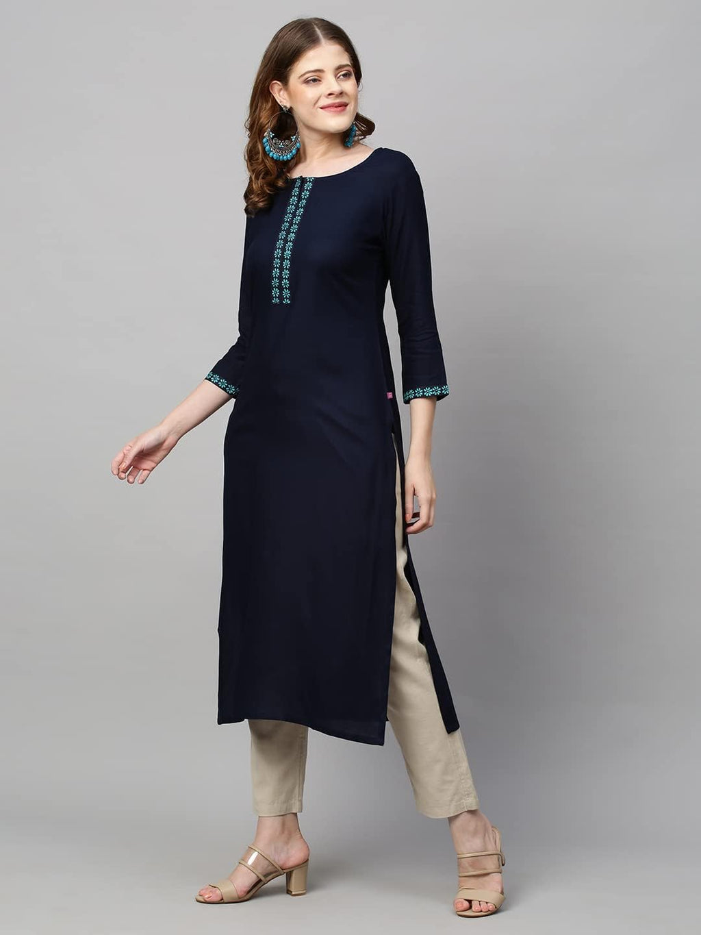 ANNI DESIGNER Womens Cotton Blend Printed Straight Kurta (Kissa Blue_S_Blue_Small)