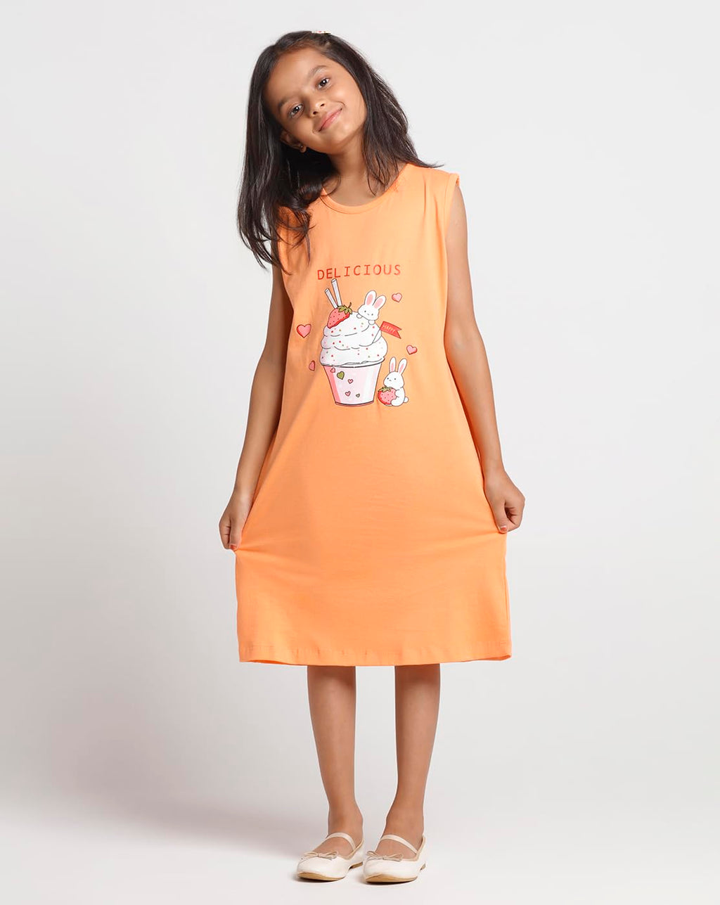T2F Girls Sleeveless 100% Cotton Knee Length Printed Nightgown, Nightdress, Sleepwear (Pack of 3)