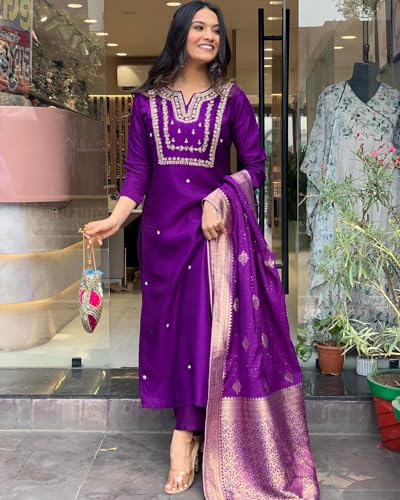 Anni Designer Women'S Cotton Blend Straight Embroidered Kurta With Pant & Dupatta (Manushi Begani_S_Begani_Small)