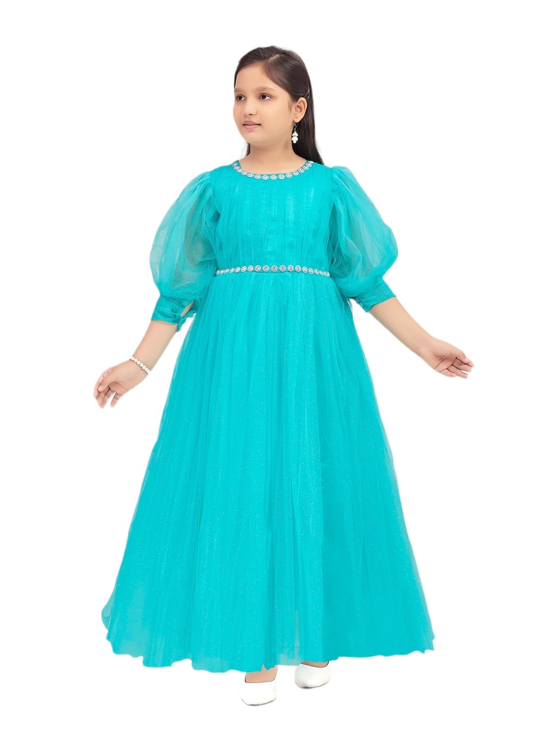 Aarika Girls Sea Green Colour Solid Stone Lace Net Gown (4-11 Years)