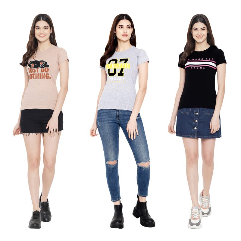 Preneum Womens Cotton Regular Fit Latest Graphic Stylish Printed Short Sleeves Casual T-Shirt || Trend & Styles (Pack 3), Brown