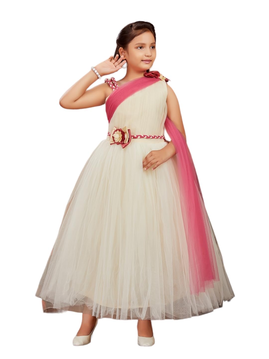 Aarika Girls Cream Colour Solid Net Gown (4-11 Years)