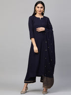 Anni Designer Women'S Cotton Straight Kurta With Palazzo & Dupatta (Ekaa Navy Blue)