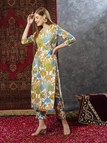 ANNI DESIGNER Womens Cotton Blend Straight Printed Kurta with Pant (Samlok Sky Blue_S_Sky Blue_Small)