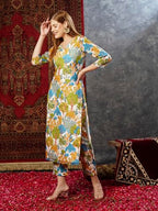 ANNI DESIGNER Womens Cotton Blend Straight Printed Kurta with Pant (Samlok Sky Blue_S_Sky Blue_Small)