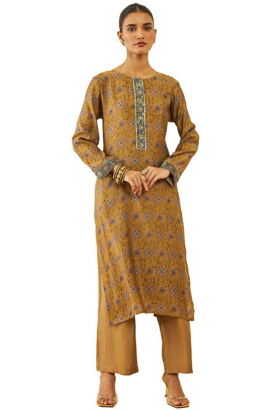 Soch Womens Mustard Muslin Floral Print Round-Neck Straight Kurta Set
