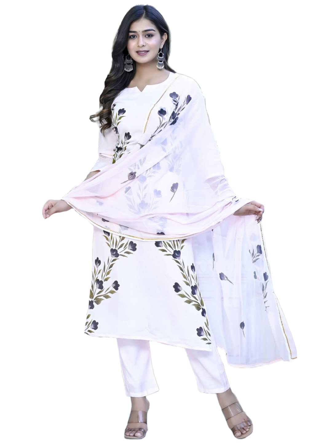 ANNI DESIGNER Womens Cotton Blend Straight Printed Kurta with Pant & Dupatta (BURSH-Peach-NW-CMD_XXL_Peach_XX-Large)