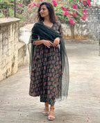 ANNI DESIGNER Womens Rayon Blend Anarkali Printed Kurta with Pant & Dupatta (Sanjini Green_L_Green_Large)