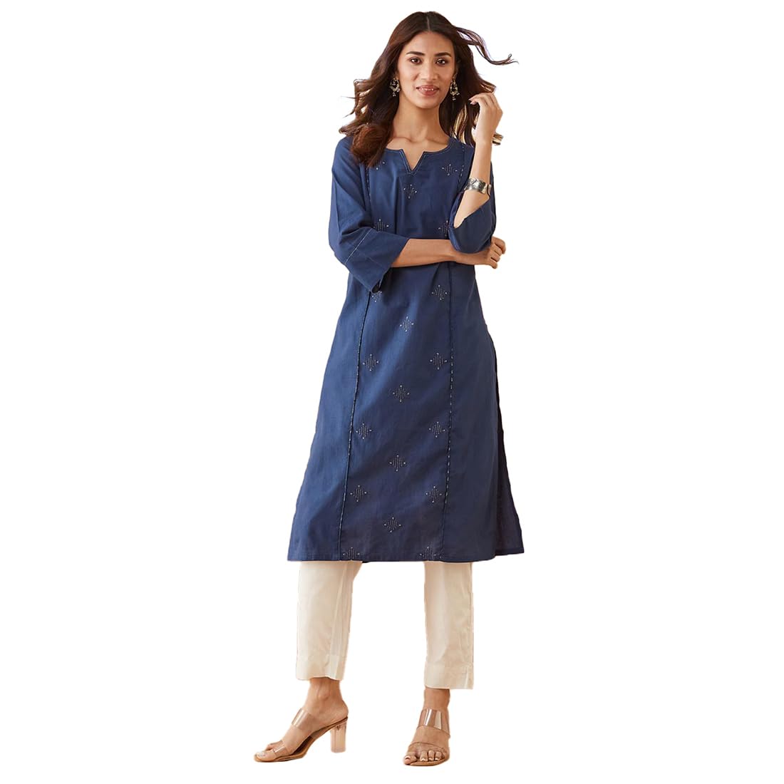 Fabindia Indigo Cotton Embroidered Long Kurta