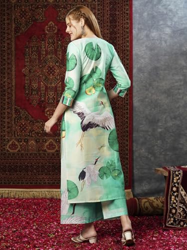 ANNI DESIGNER Womens Cotton Blend Straight Printed Kurta with Palazzo (Swans See Green-JL_XXL_See Green_XX-Large)