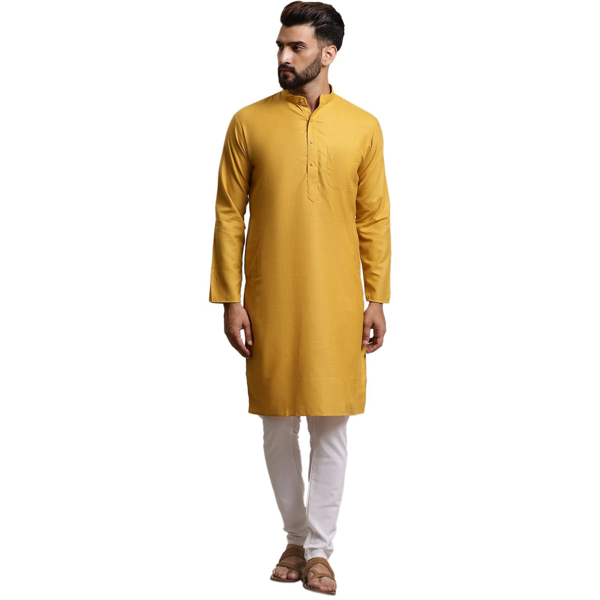 SOJANYA (Since 1958 Mens Pure Cotton Mustard Solid Kurta & White Churidar Pyjama Set
