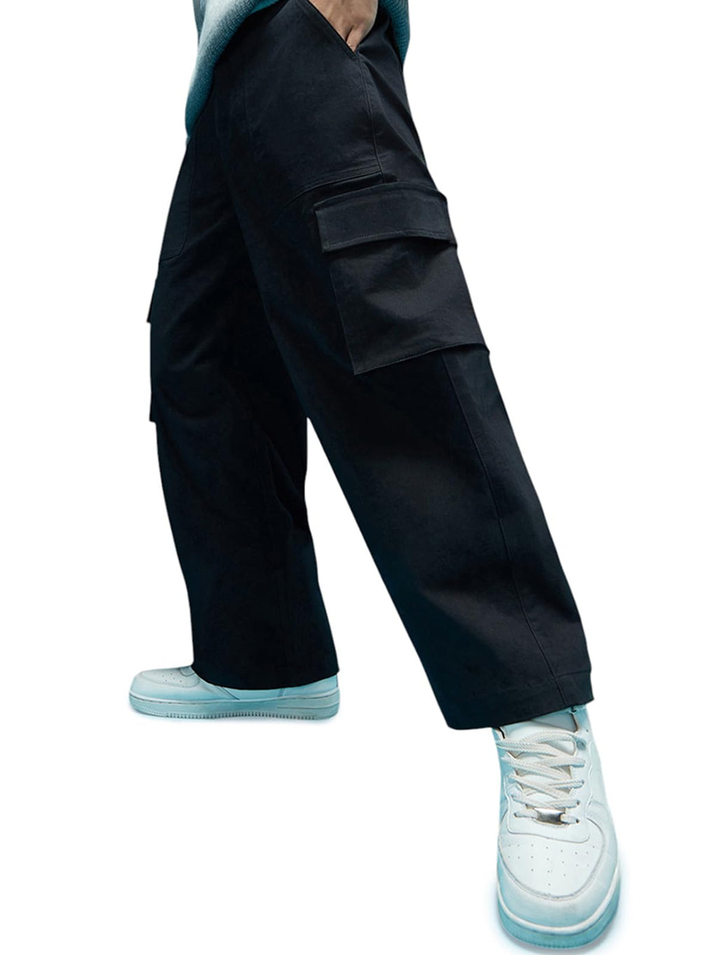 Veirdo Men's Lycra Baggy Relaxed Fit with Solid Button Closure Casual Woven Regular Length Cargo Pants