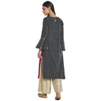 Fabindia Women Cotton Silk Embroidered Slim Fit Long Kurta Grey