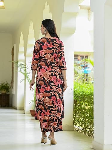 ANNI DESIGNER Womens Cotton Blend Straight Printed Kurta with Palazzo (Chinki Black_M_Black_Medium)