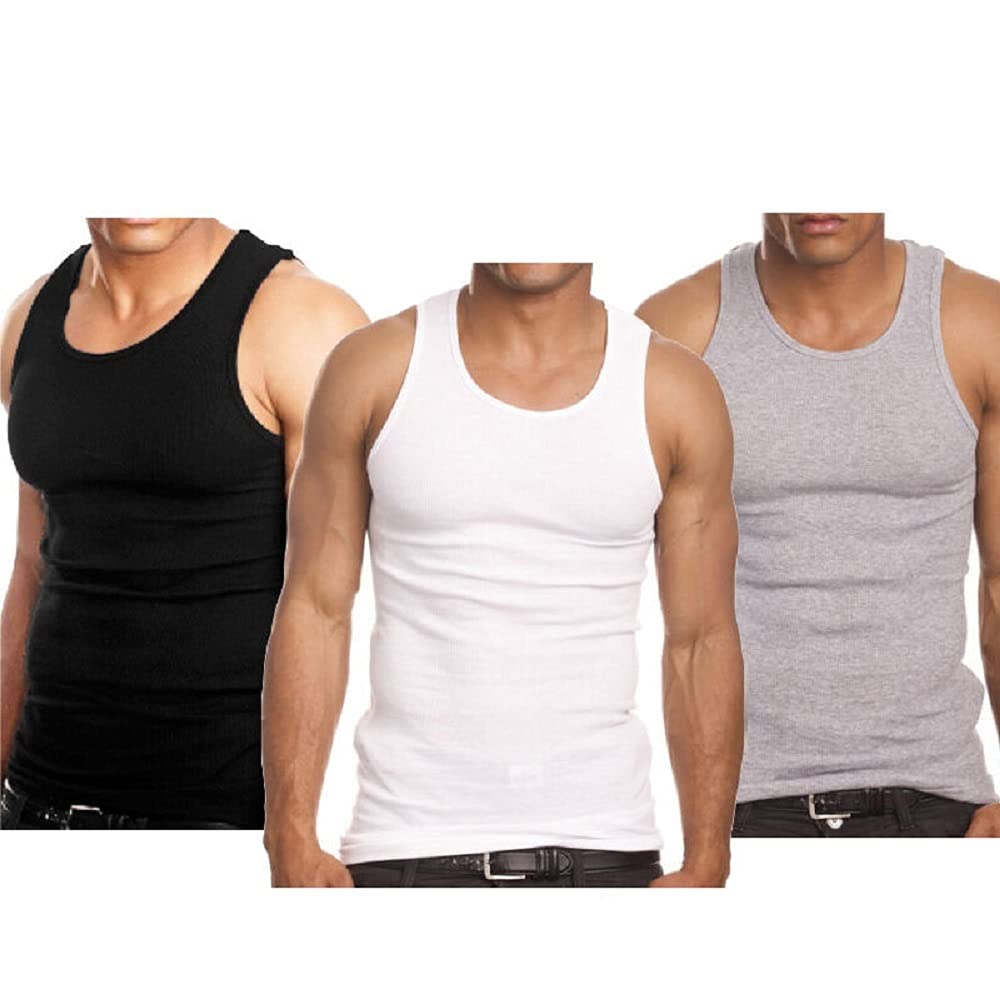 Goyoma 3 Packs Mens 100% Cotton Tank Top White/Black Wife Beater A-Shirt Undershirt (2XL, Mix)