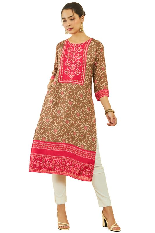 Soch Women Muslin Bandhani Print Round-Neck Kurta with Pocket