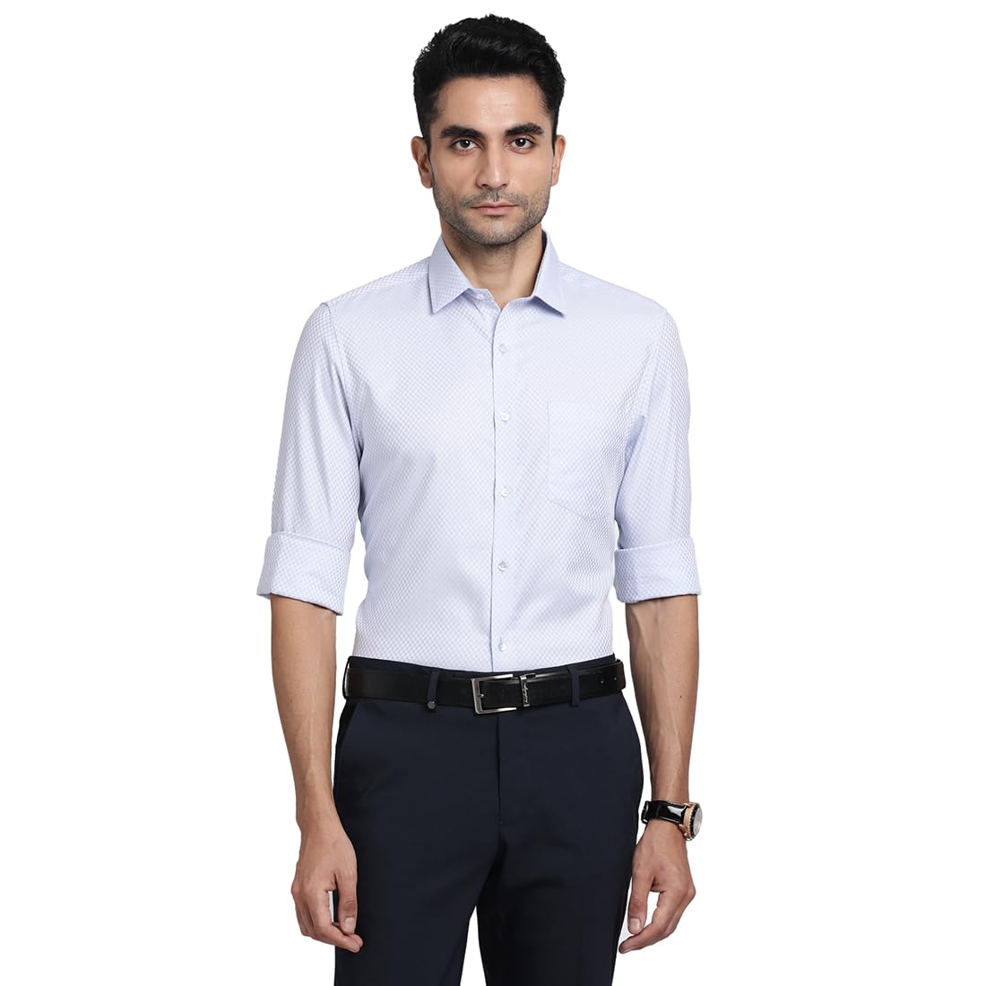 Turtle Men Giza Cotton Light Blue Self Design Regular Fit Formal Shirt