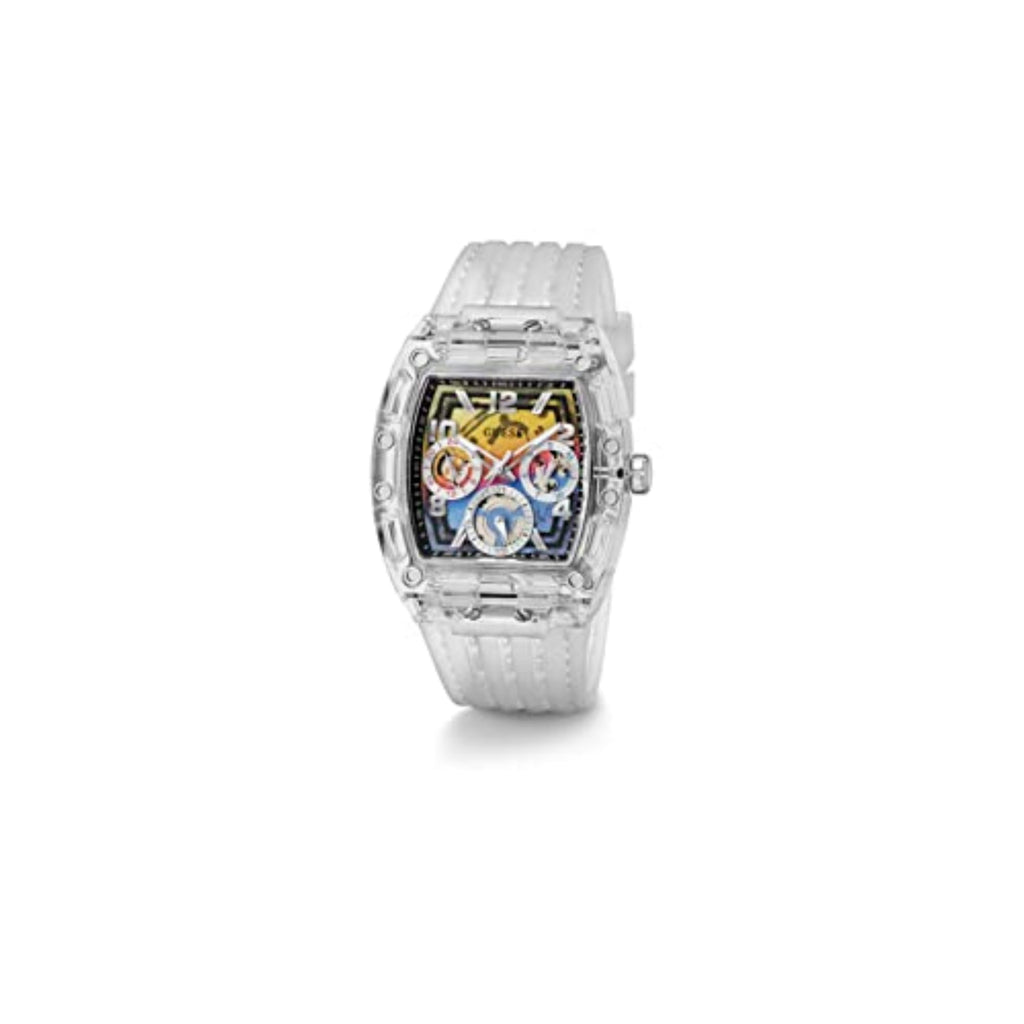 GUESS Mens 44 mm Watch - Clear Strap Rainbow Dial Clear Case