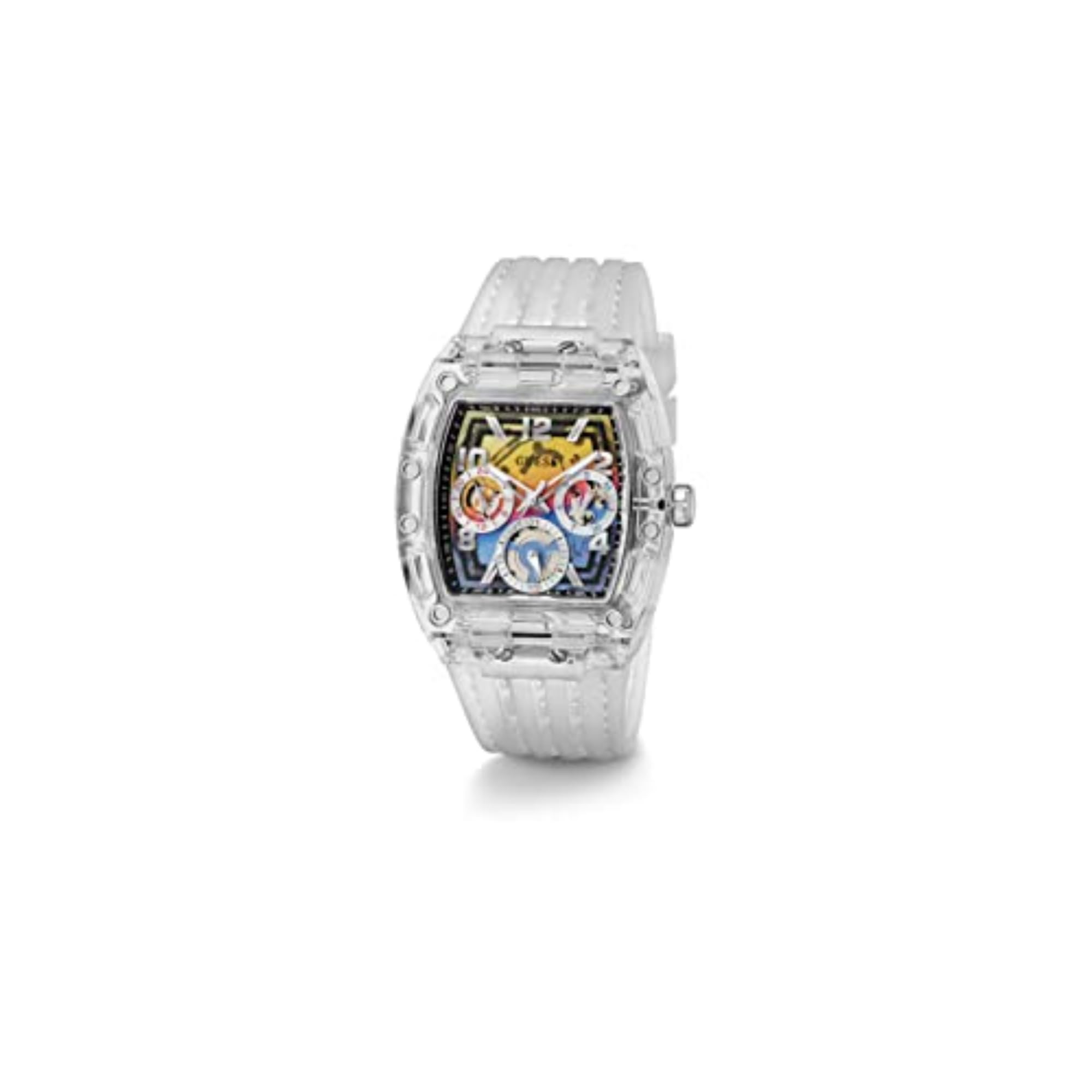 GUESS Mens 44 mm Watch - Clear Strap Rainbow Dial Clear Case