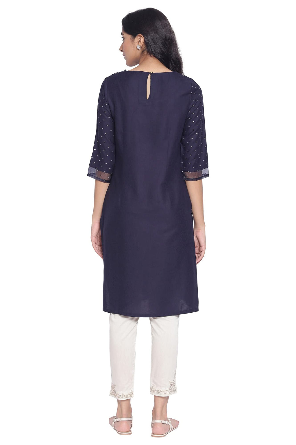 W For Woman Printed Viscose Kurta With Organza Detail For Women