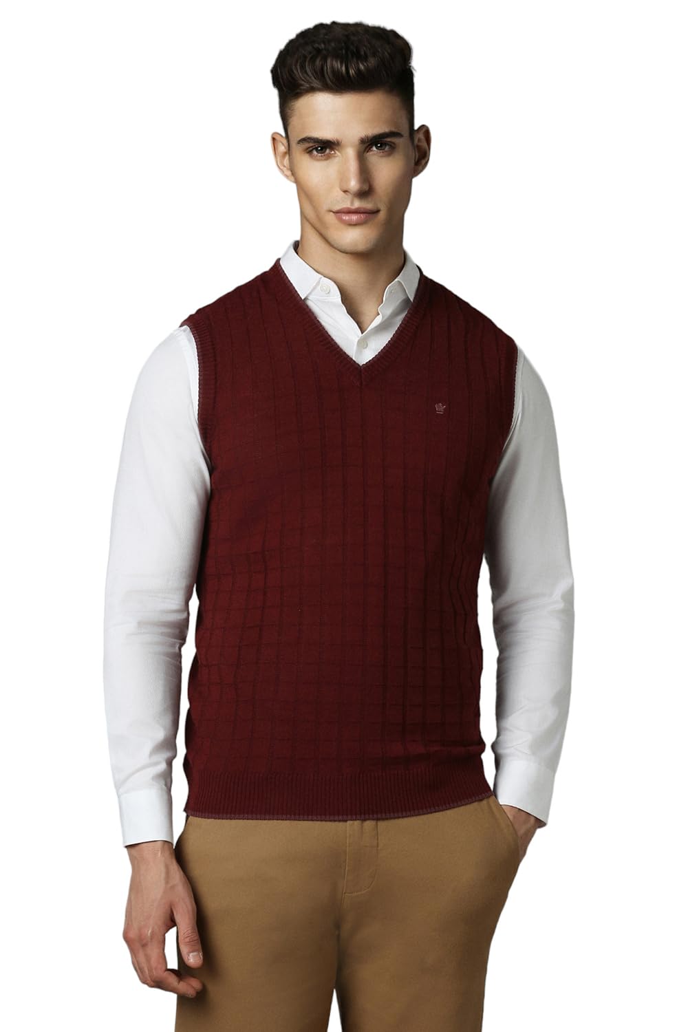 Men Maroon Solid V Neck Sleeveless Sweater