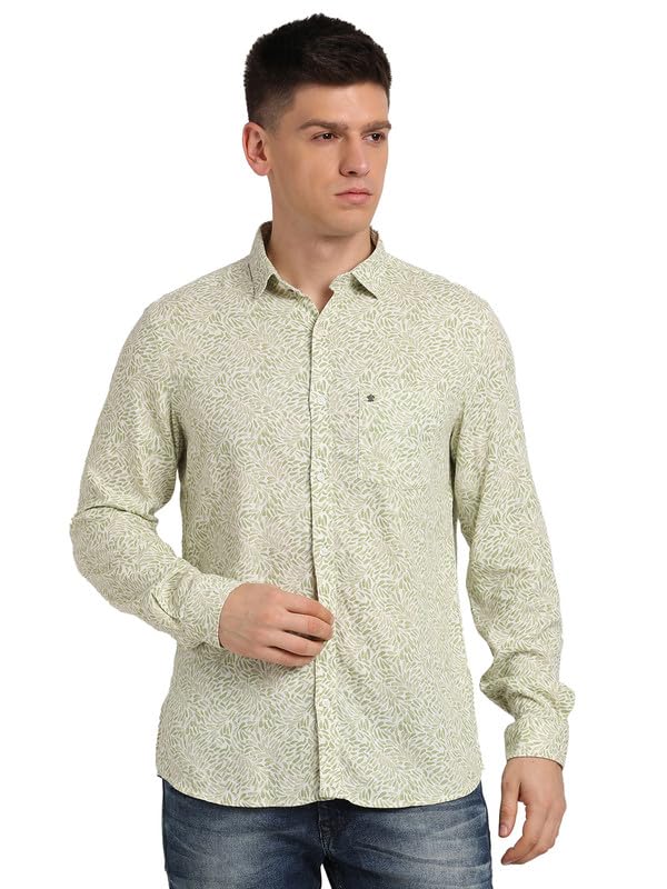 Turtle Men EXCEL Linen Slim Fit Olive Printed Full Sleeve Casual Shirt