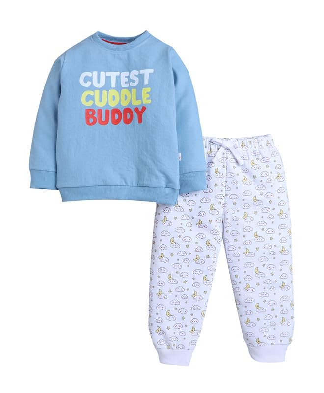 Bumzee Boys Blue & White Spun Fleece Full Sleeves Graphic Print Regular Fit Sweatshirt & Jogger Set - 12-18 Months (Peb11091D-Bl