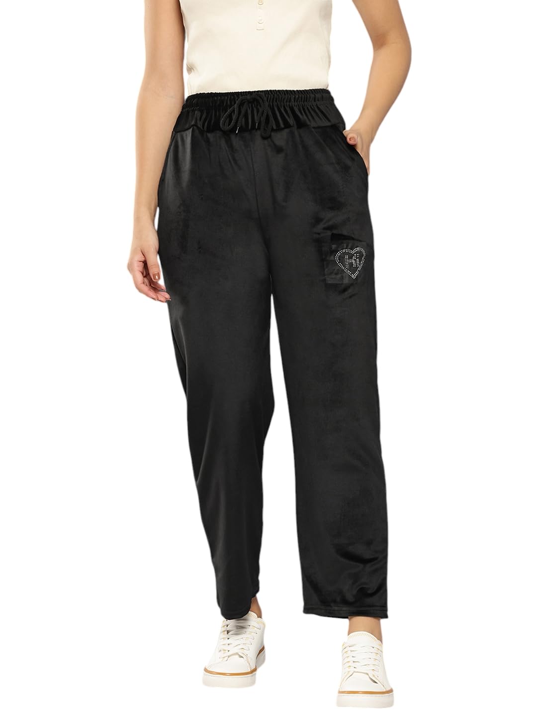 Aarika Womens Casual Wear Black Colour Embellished Velvet Pant (38-42)