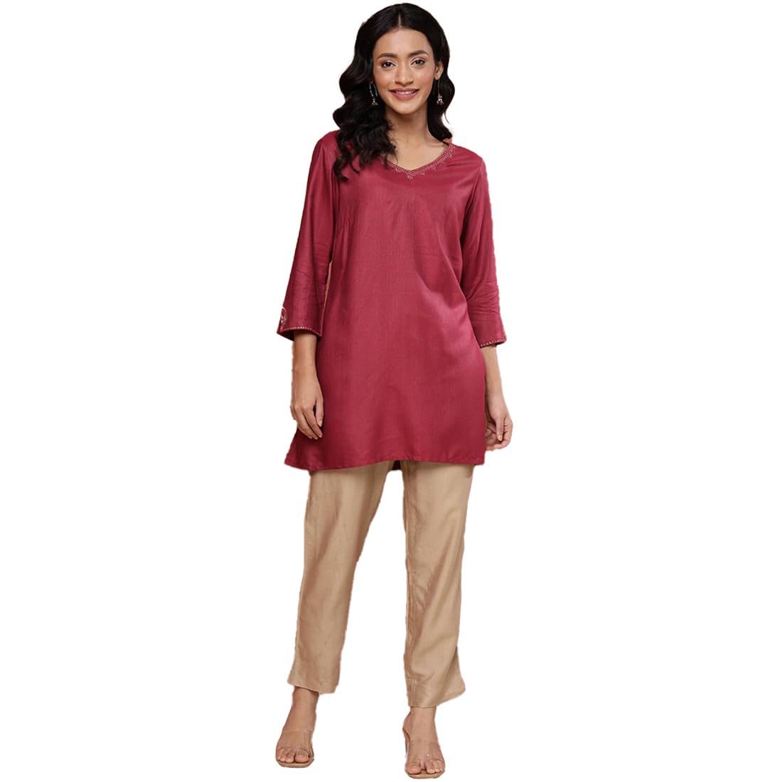 Fabindia WomenS Viscose Silk Woven Slim Fit Kurta (1039125Maroon_Maroon