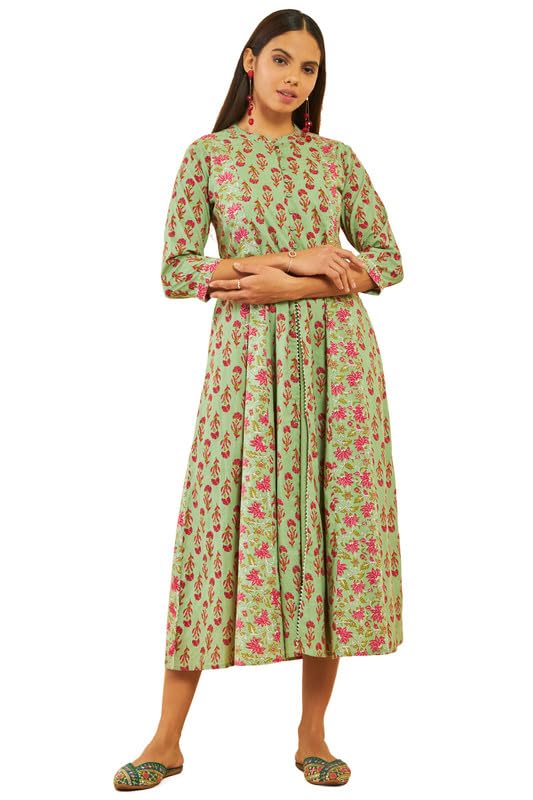 Soch Women Cotton Floral Print Flared Dress with Gota Patti Work